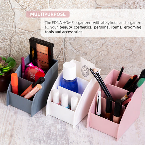 EDNA HOME Makeup Organizers, 3-Set, Cosmetics and Jewelry Holders with Triple Compartment, HQ Plastic, Suitable for Dresser, Bathroom, Nightstand, Vanity & Countertop, White/Gray/Rose, Made in Europe